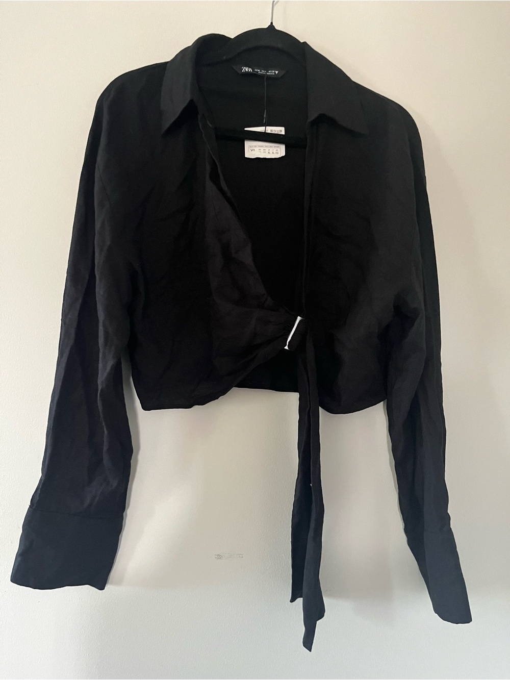 NWT Zara Black Linen Blend Cropped Long Sleeve Wrap Shirt XL Tie Front Coastal